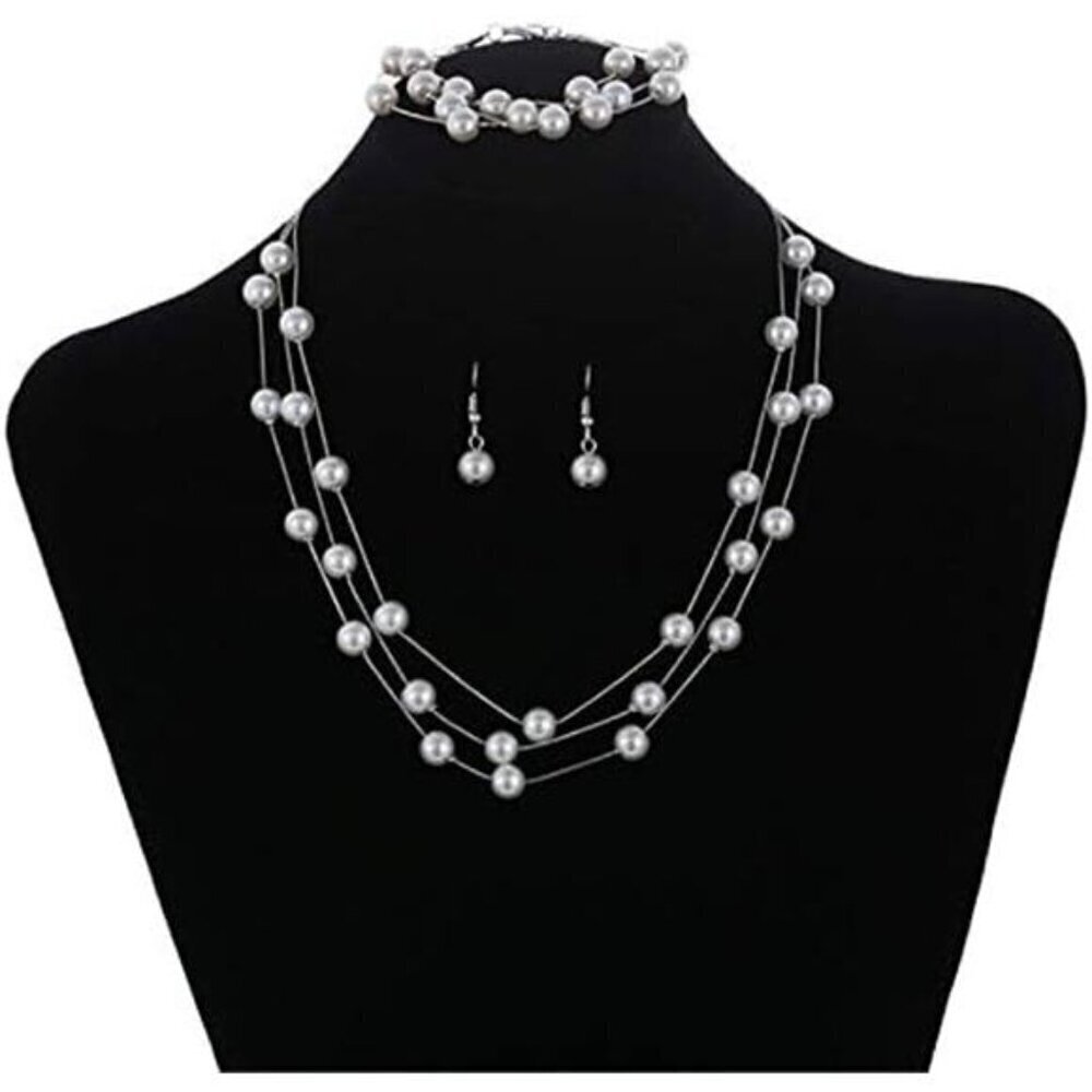 Faux Pearl Choker Gold Silver Layered Necklace Earring Bracelet Set for Women
